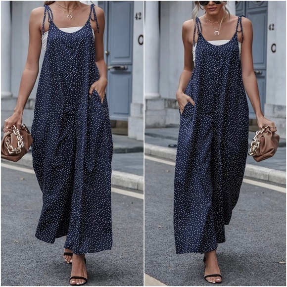 015 Boho Polka Dot Pocket Wide leg Jumper Jumpsuit - Picture 2 of 5